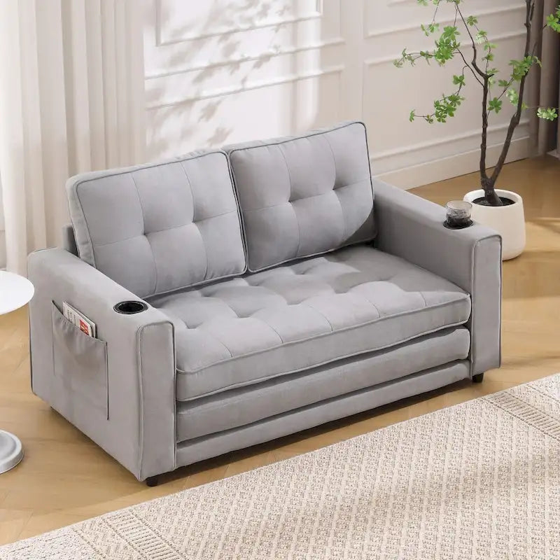 Divano futon imbottito con divano letto estraibile, divanetto trapuntato pieghevole multicolore con portabicchieri