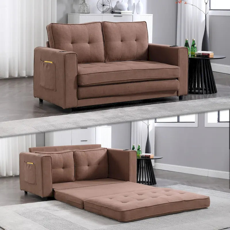 Divano futon imbottito con divano letto estraibile, divanetto trapuntato pieghevole multicolore con portabicchieri