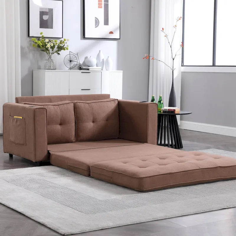 Divano futon imbottito con divano letto estraibile, divanetto trapuntato pieghevole multicolore con portabicchieri